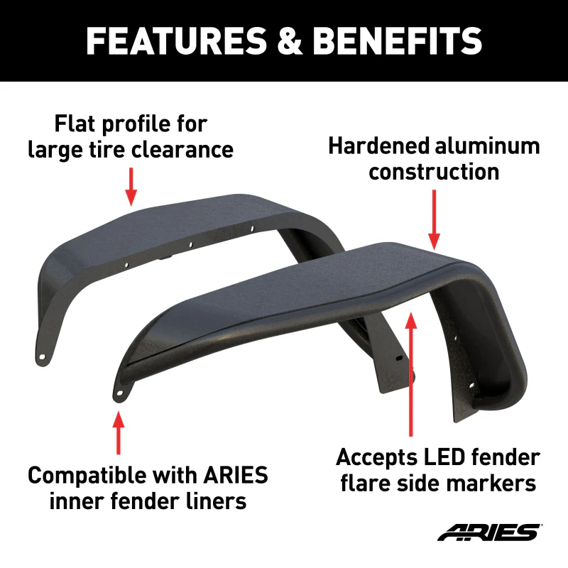 ARIES Jeep Wrangler JK Black Aluminum Front Fender Flares Model 1500201 - Image 3