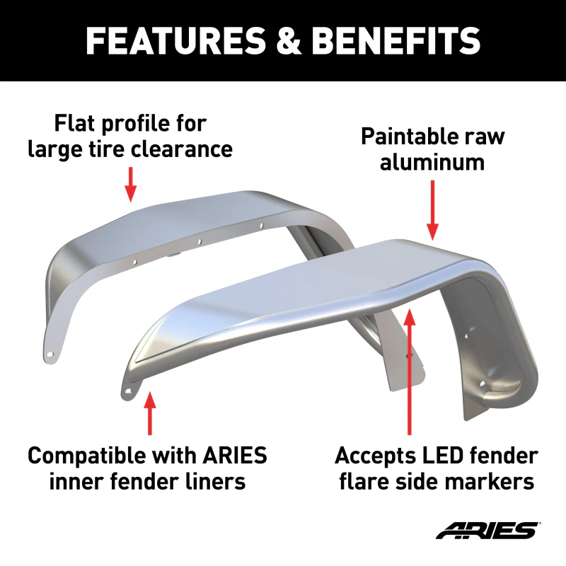ARIES Jeep Wrangler JK Raw Aluminum Front Fender Flares Model 1500202 - Image 3