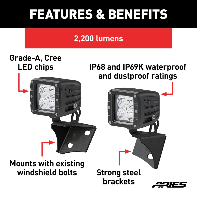 ARIES Jeep JK Windshield Lights and Brackets Model 1501304 - Image 4