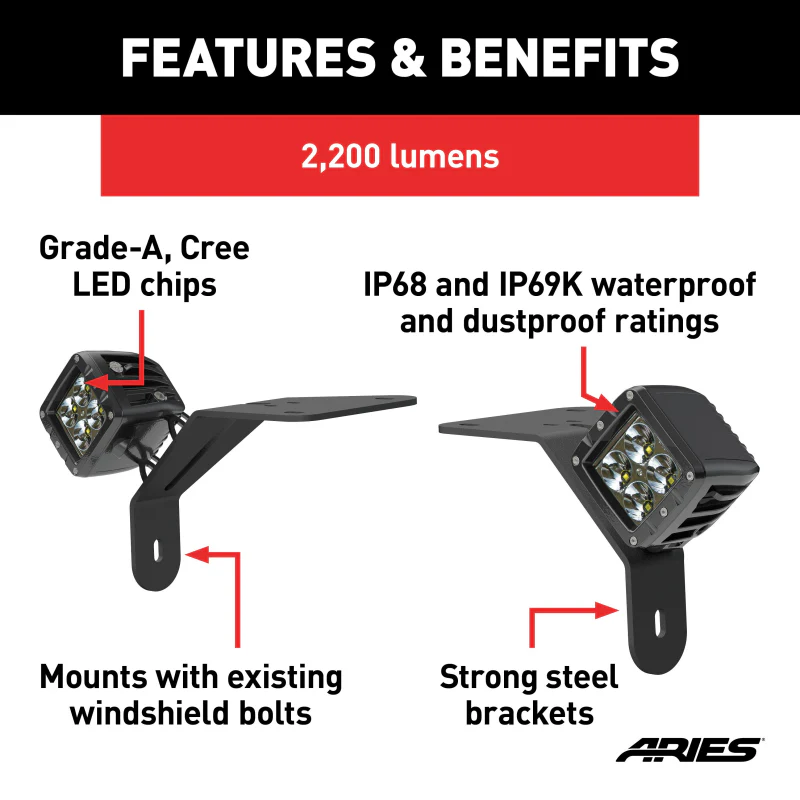 ARIES Jeep Wrangler JL, Gladiator Windshield Lights and Brackets Model 1501305 - Image 4