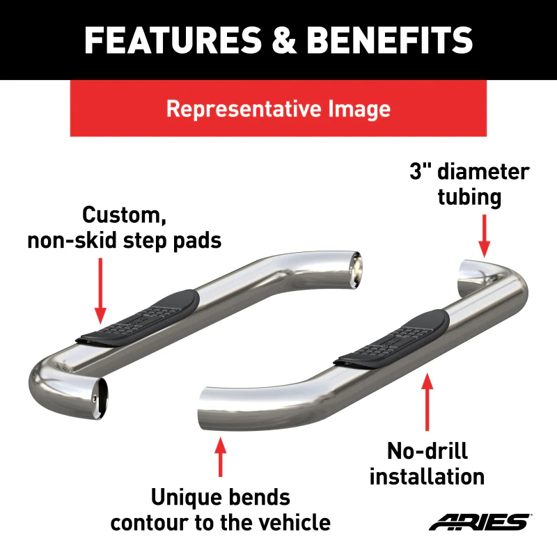 ARIES 3" Round Polished Stainless Step Nerf Bars Model 204018-2 - Image 3