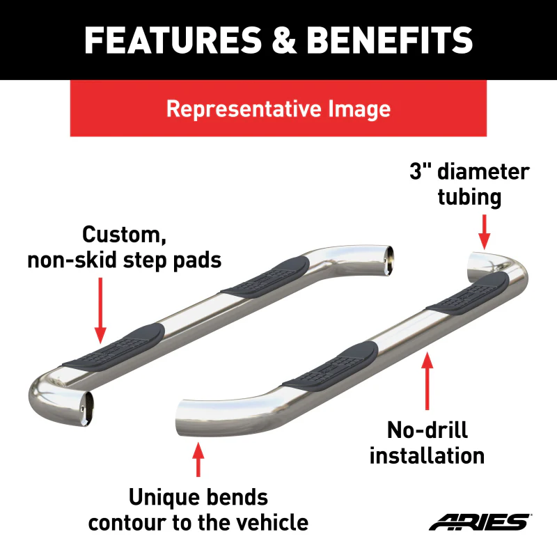 ARIES 3" Round Polished Stainless Step Nerf Bars Model 205008-2 - Image 3