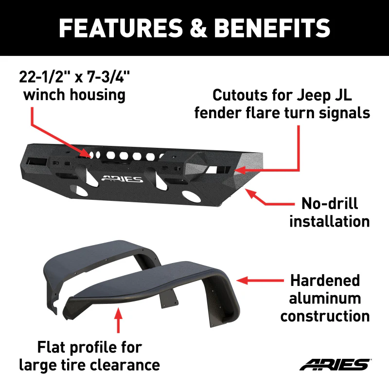 ARIES TrailChaser Jeep Wrangler JL Aluminum Front Bumper with Fender Flares (Option 7) Model 2082077 - Image 3