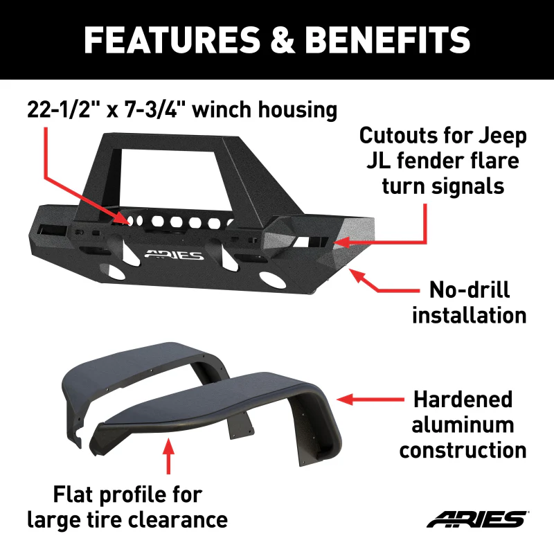 ARIES TrailChaser Jeep Wrangler JL Front Bumper with Fender Flares (Option 9) Model 2082097 - Image 3