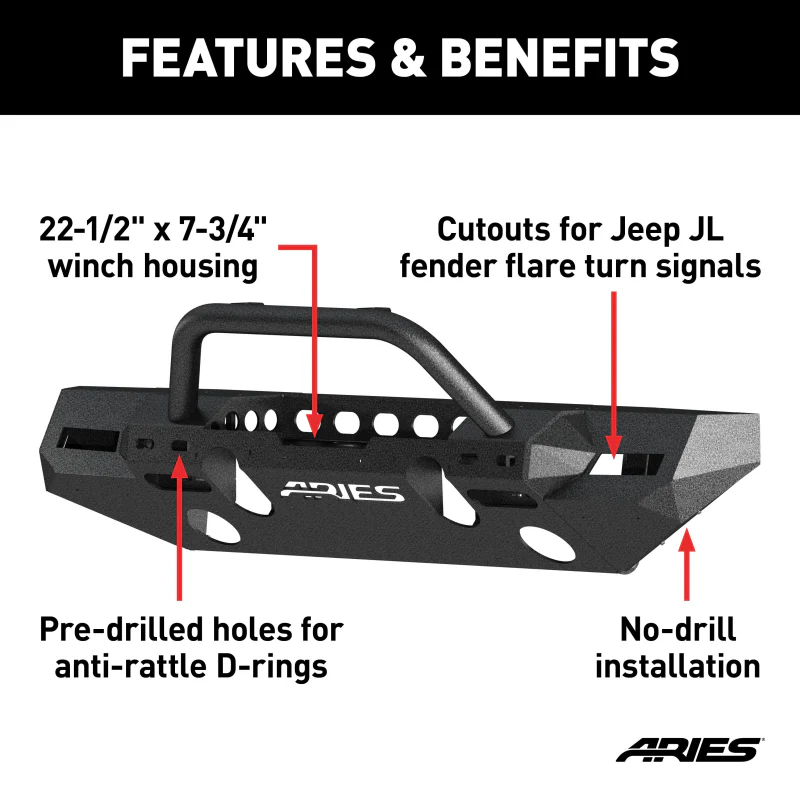 ARIES TrailChaser Jeep Wrangler JL, Gladiator Aluminum Front Bumper (Option 8) Model 2082098 - Image 3
