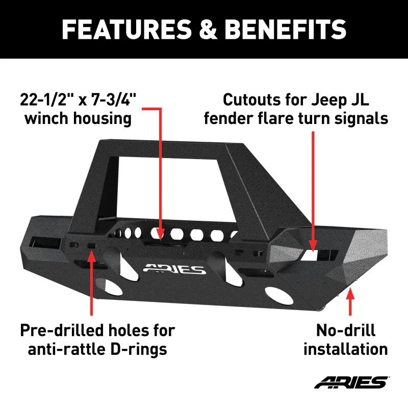 ARIES TrailChaser Jeep Wrangler JL, Gladiator Aluminum Front Bumper (Option 9) Model 2082099 - Image 3