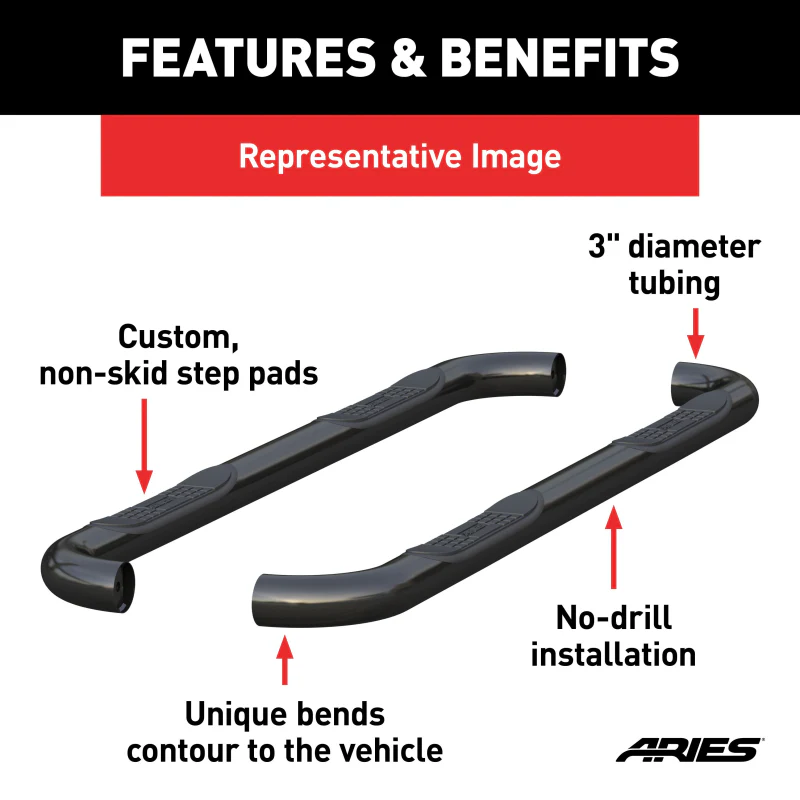 ARIES 3" Round Black Steel Side Bars, Select Ford Bronco Model 209045 - Image 2