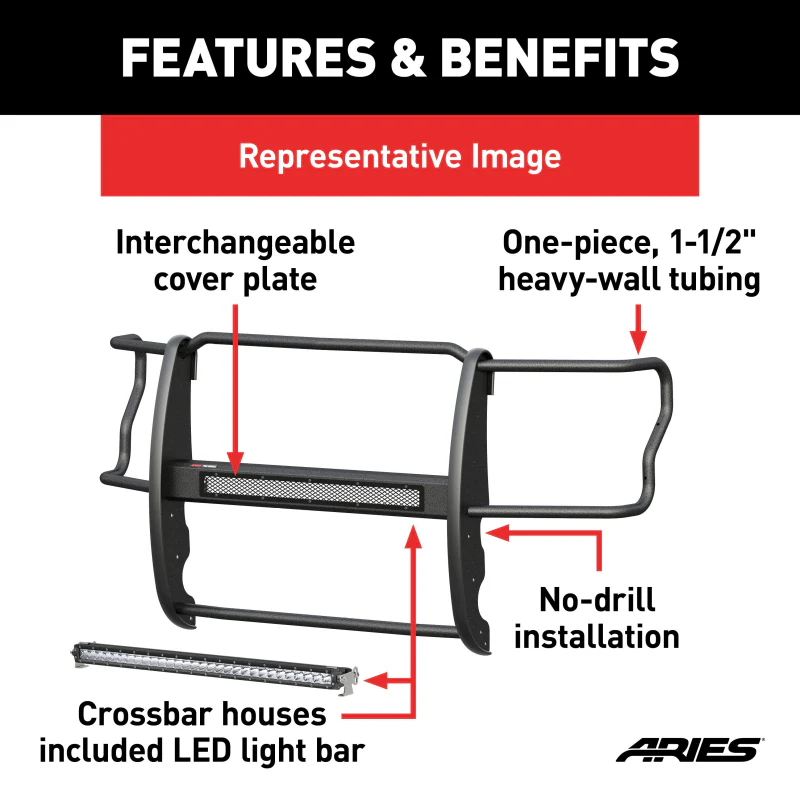 ARIES Pro Series Black Steel Grille Guard with Light Bar, Select Chevy Silverado 1500 Model 2170035 - Image 4