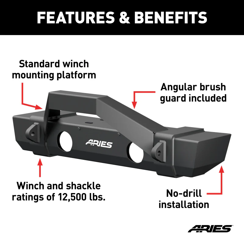 ARIES TrailCrusher Jeep JL, Gladiator Steel Front Bumper with Brush Guard, 12.5K Model 2186002 - Image 3