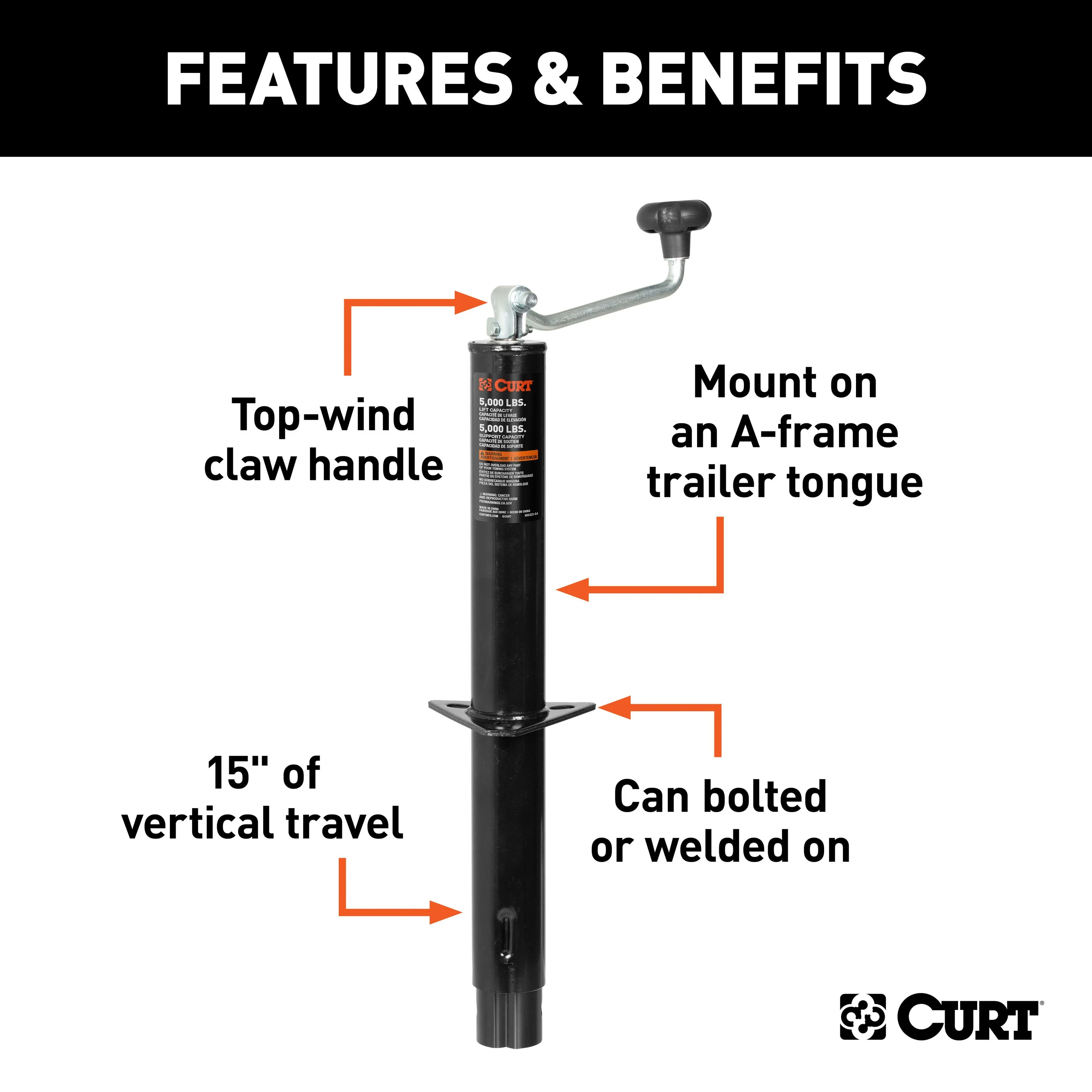 CURT A-Frame Trailer Jack with Top Handle (5,000 lbs, 15" Travel) Model 25007 - Image 3