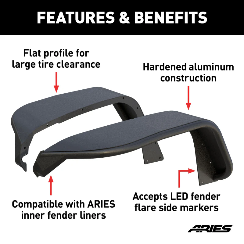ARIES Jeep Wrangler JL Black Aluminum Front Fender Flares with LED Lights Model 2500835 - Image 2