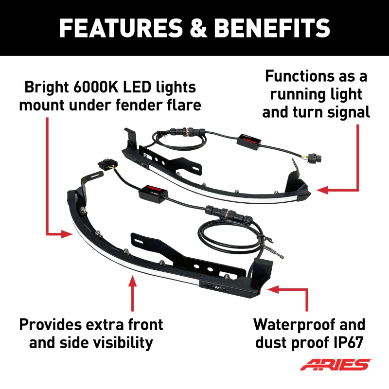 ARIES Jeep Wrangler JL Black Aluminum Front Fender Flares with LED Lights Model 2500835 - Image 3