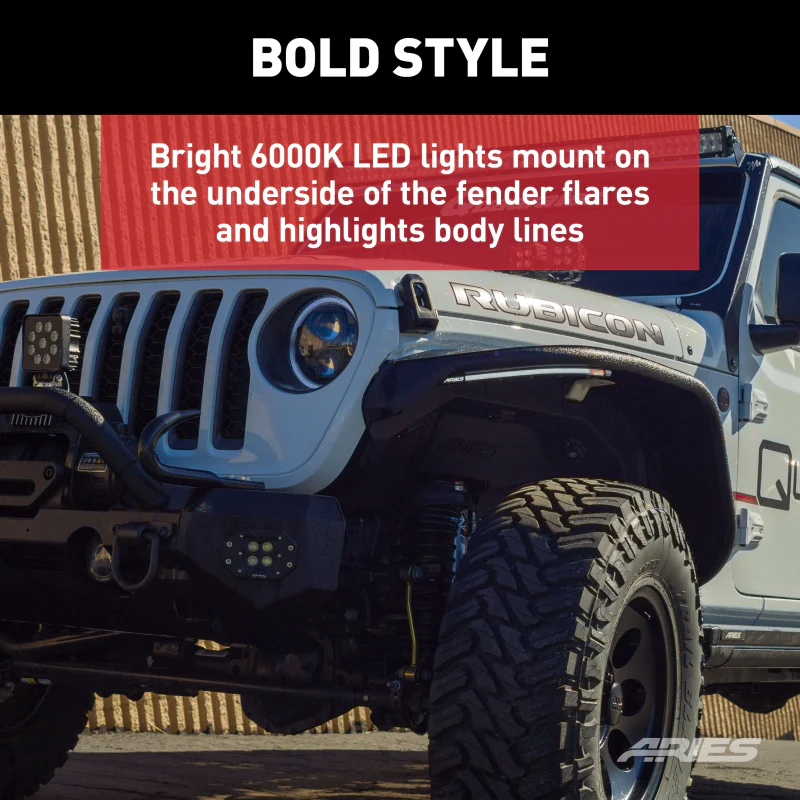 ARIES Jeep Wrangler JL Black Aluminum Front Fender Flares with LED Lights Model 2500835 - Image 7