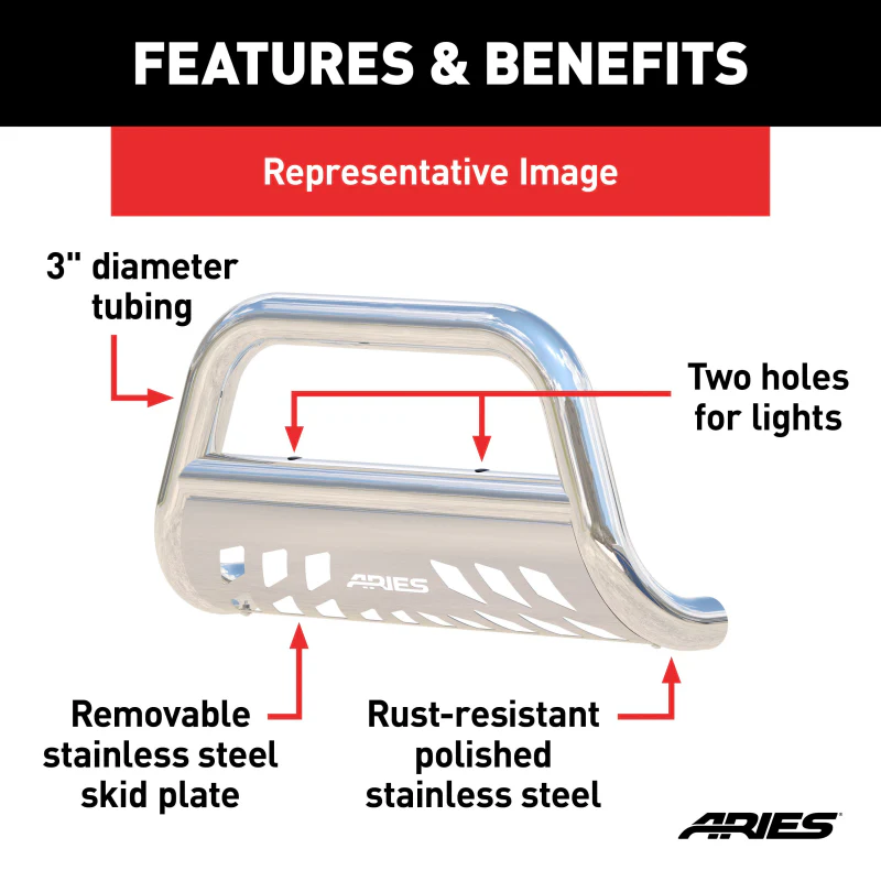 ARIES 3" Polished Stainless Bull Bar, Select Ford F-250, F-350 Super Duty Model 35-3006 - Image 6