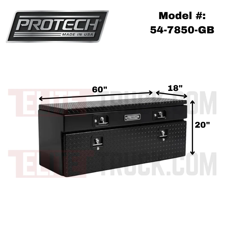 Protech Flatbed Top Mount Contractor Box - 1Drop/1Top 20Hx18Dx60L Diamond Plate Lid/Door Gloss Black Model 54-7850-GB - Image 2