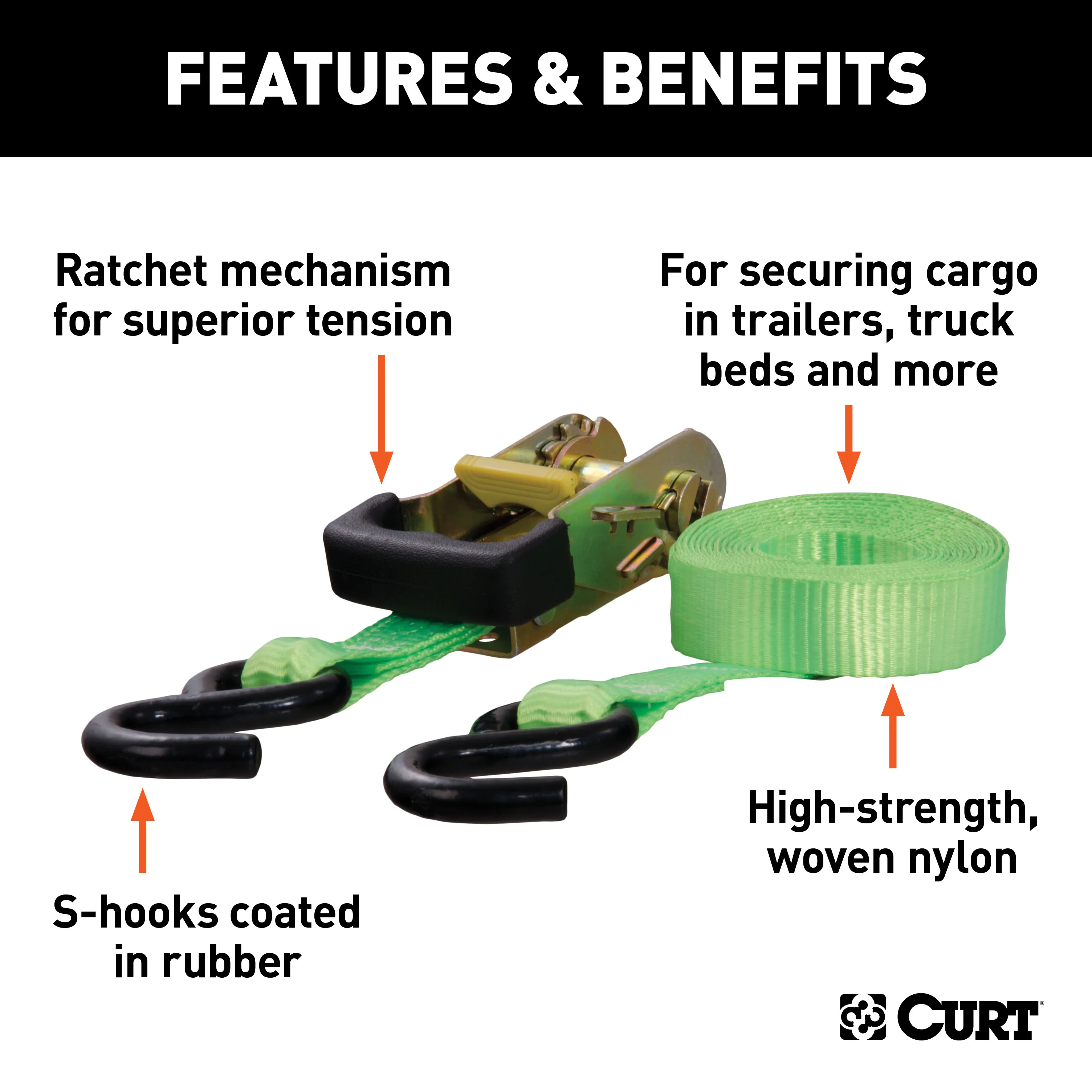 CURT 1-Inch x 16-Foot Lime Green Nylon Ratchet Straps, 3,300 lbs. Break Strength, 2-Pack Model 83028 - Image 3