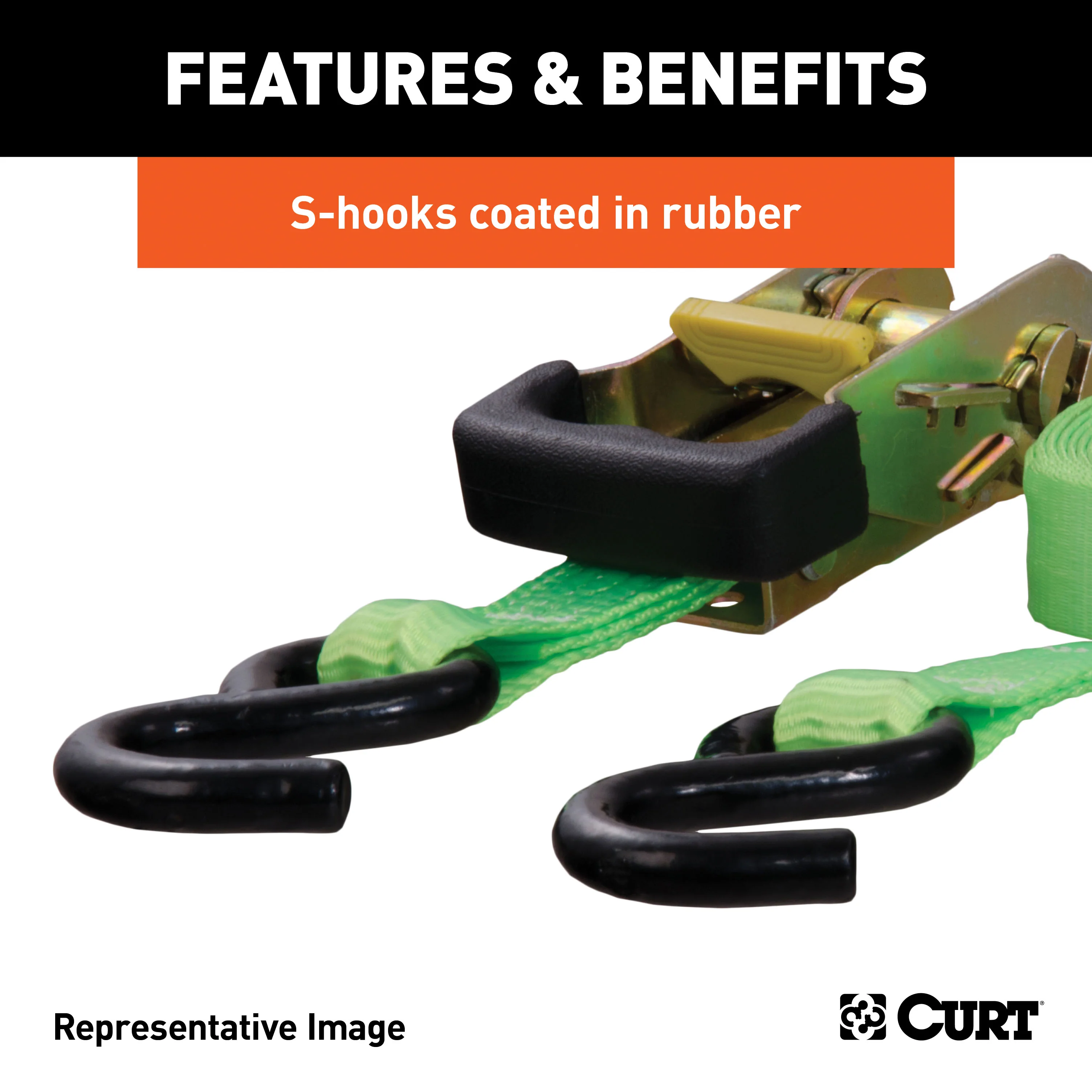 CURT 1-Inch x 16-Foot Lime Green Nylon Ratchet Straps, 3,300 lbs. Break Strength, 2-Pack Model 83028 - Image 7