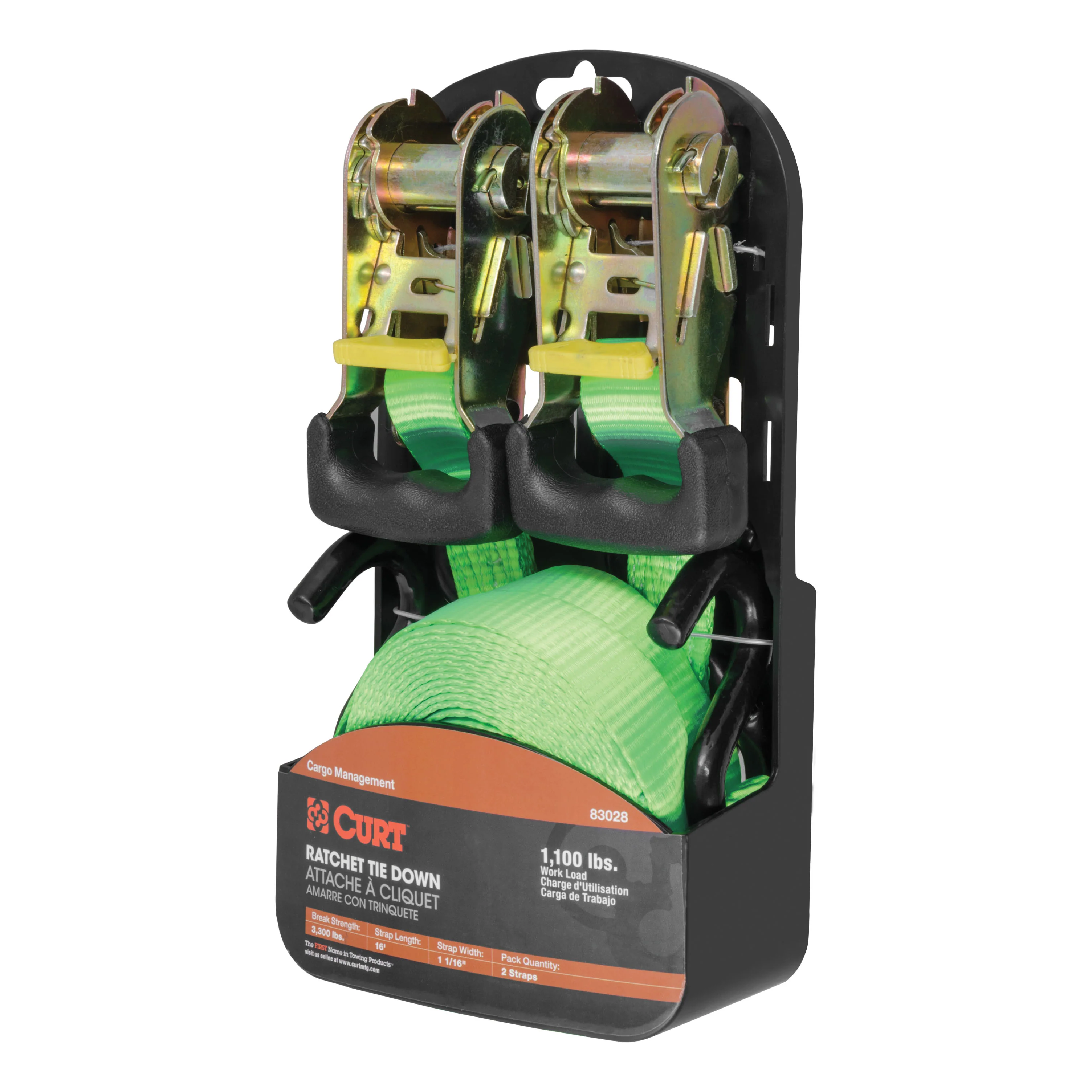 CURT 1-Inch x 16-Foot Lime Green Nylon Ratchet Straps, 3,300 lbs. Break Strength, 2-Pack Model 83028 - Image 8