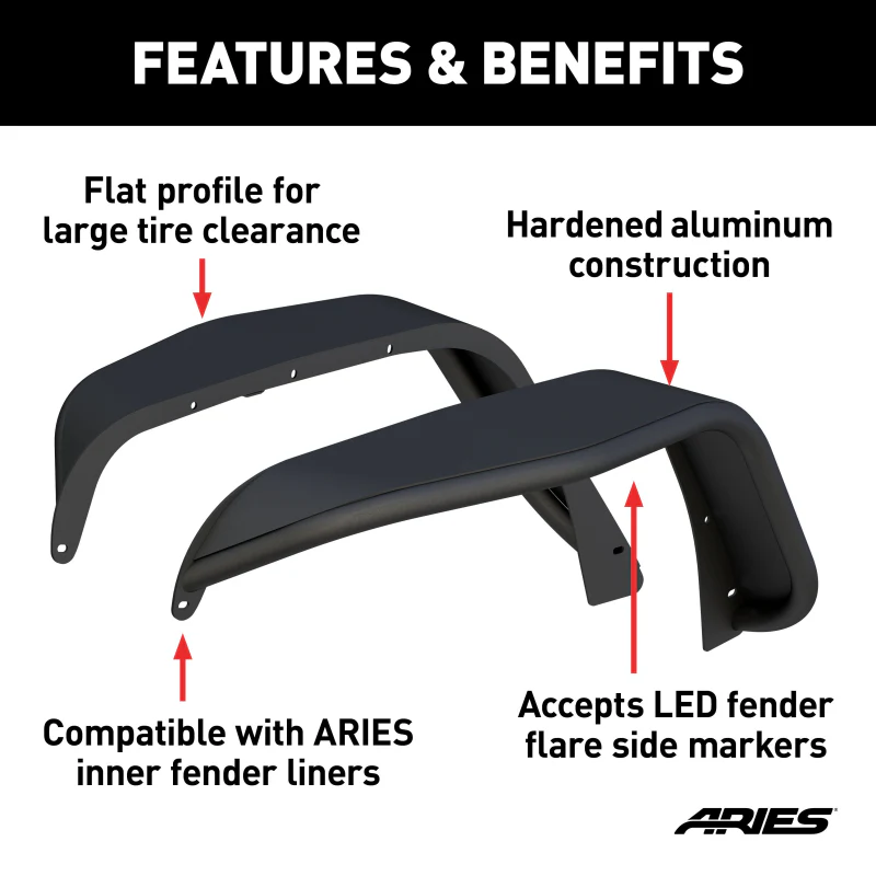 ARIES Jeep Wrangler JK Smooth Carbide Black Aluminum Front Fender Flares Model 1500211 - Image 2