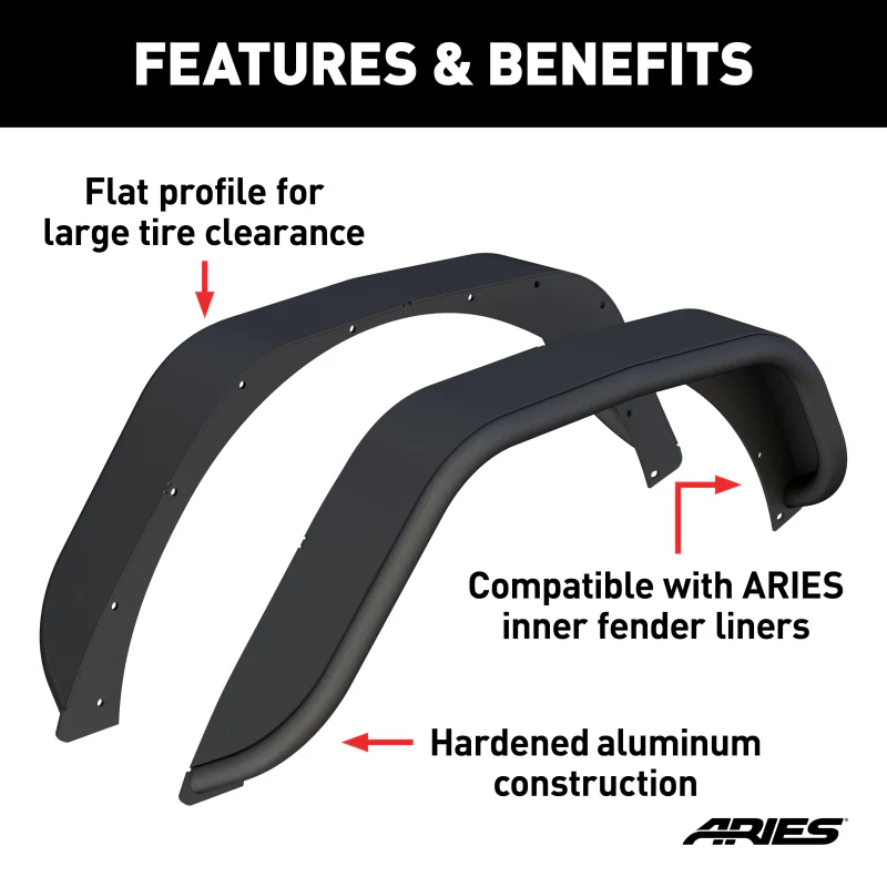 ARIES Jeep Wrangler JL Smooth Carbide Black Aluminum Rear Fender Flares Model 2500213 - Image 2