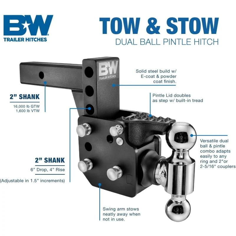 B&W Trailer Hitches Tow & Stow Pintle Adjustable Ball Mount Model TS10053B - Image 3