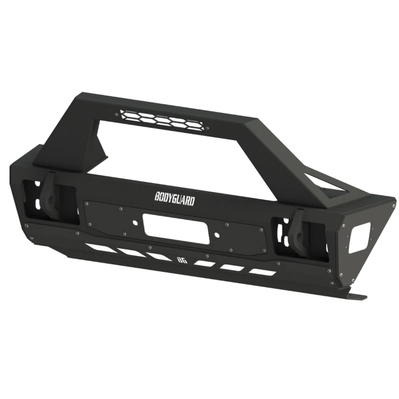 Bodyguard JK Front Bumper Stubby With Push Bar End Cap Light Cutouts With Camera Harness + Pod Bare Metal Model 58134BNB