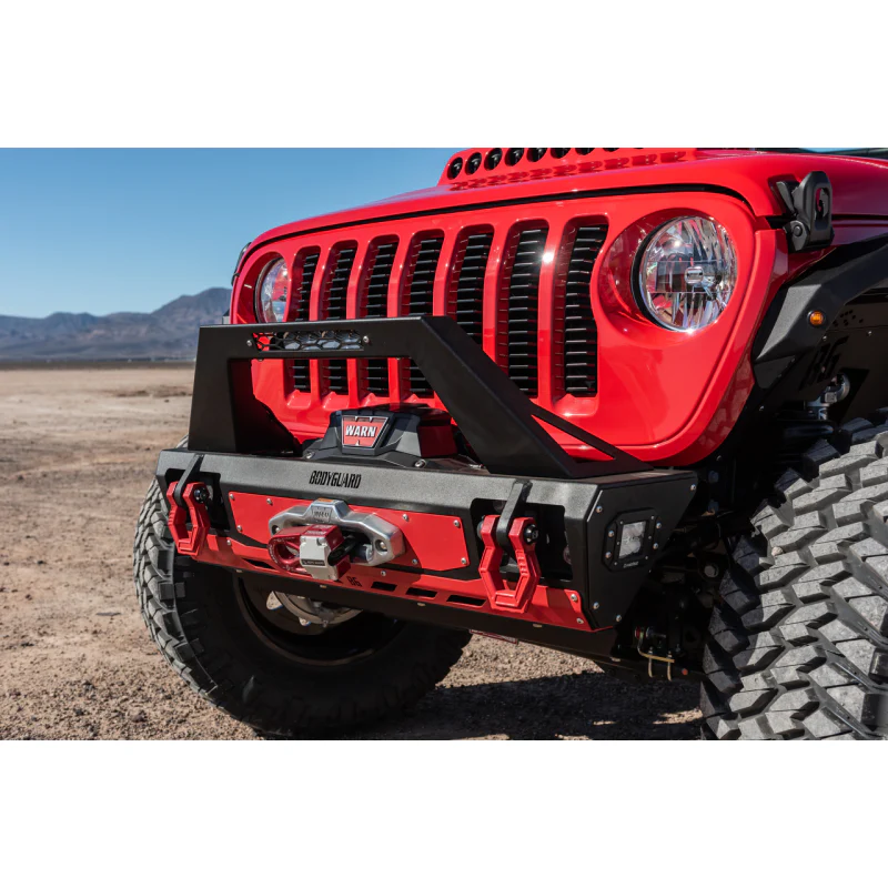 Bodyguard JL Front Bumper Stubby With Push Bar End Cap Light Cutouts With Camera Harness + Pod Bare Metal Model 47077BNB - Image 3