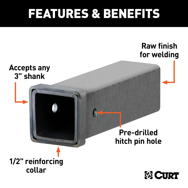 CURT 12" Raw Steel Receiver Tubing - 3" Receiver, 5/8" Pin Hole Model 49517 - Image 2
