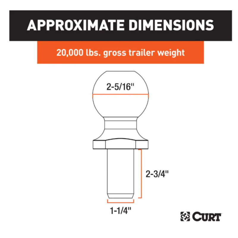 CURT 2-5/16" Trailer Ball (1-1/4" x 2-3/4" Shank, 20,000 lbs., Chrome) Model 40109 - Image 2