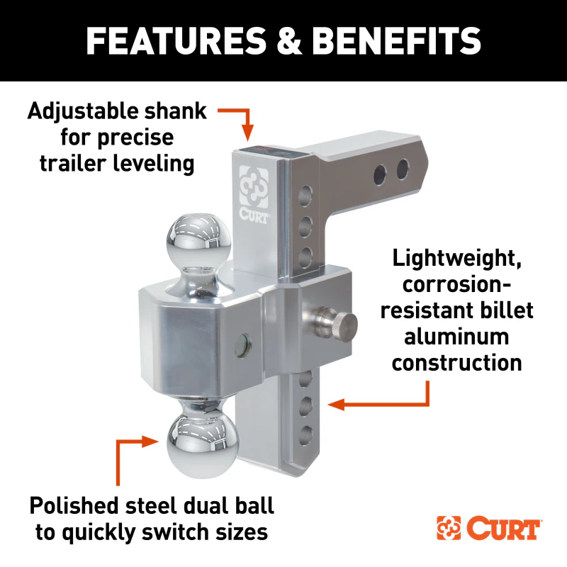 CURT AlumaLite Adjustable Aluminum Hitch with Dual Ball, 7-1/2" Drop Model 45365 - Image 2