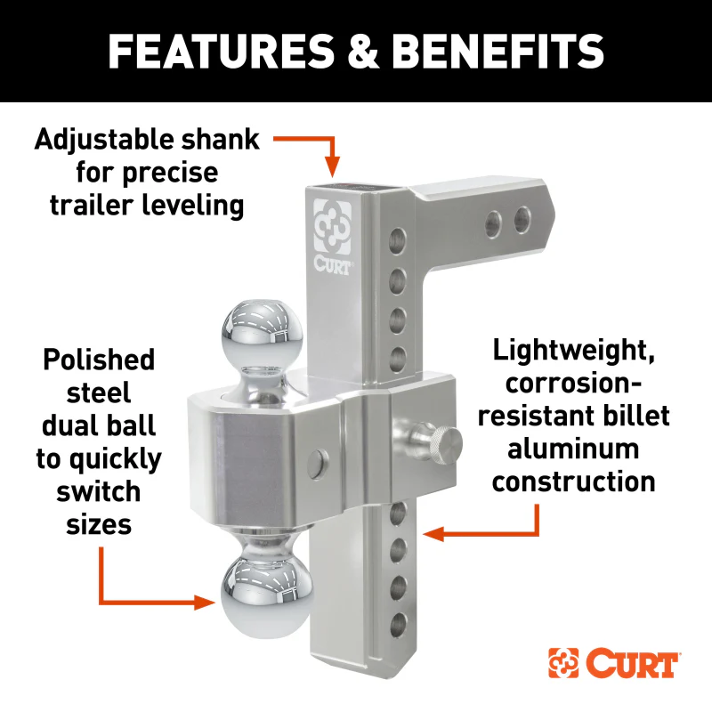 CURT AlumaLite Adjustable Aluminum Hitch with Dual Ball, 9-1/2" Drop Model 45366 - Image 2