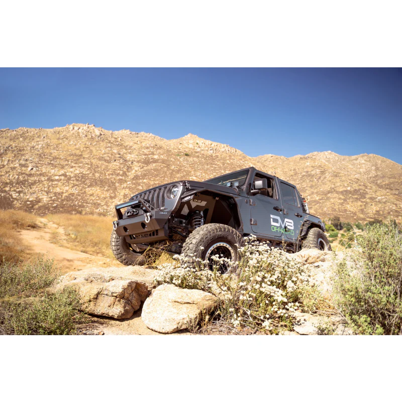 DV8 Offroad 2007-2025 Jeep GladiatorJT Wrangler JK JKU JL JLU Stubby Front Bumper With Plated Bull Bar Model FBJL-06 - Image 4