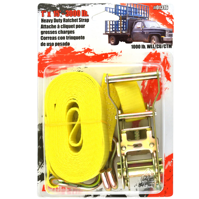 Erickson Manufacturing 1 In X 15Ft 3000Lb Ratchet Strap With Double J-Hooks Yellow Model 51316 - Image 2