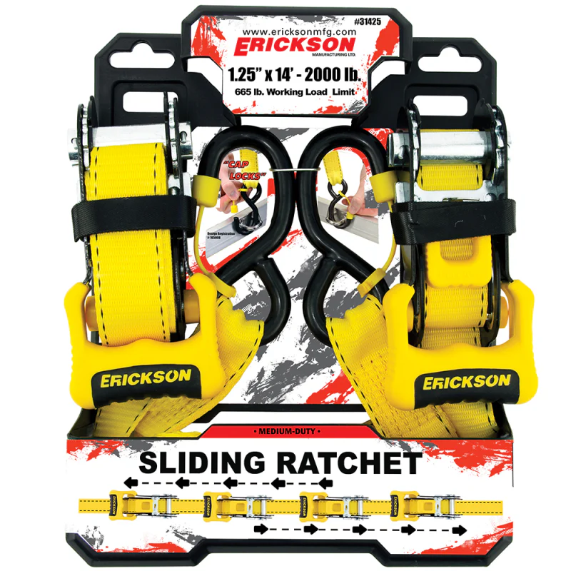 Erickson Manufacturing 2 Pack 1 1/4In X 14Ft  2000Lb Sliding Ratchet Straps With Cap Lock Hooks Yellow Model 31425 - Image 2