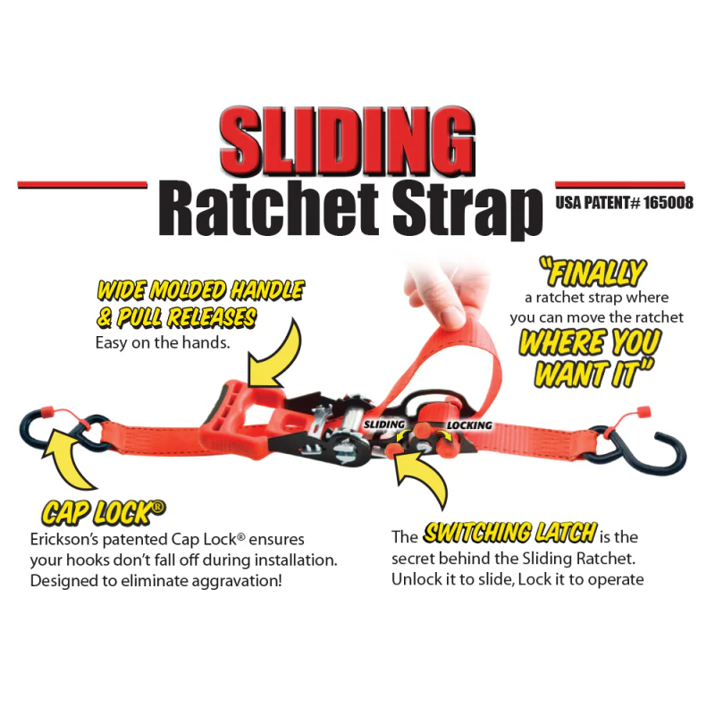 Erickson Manufacturing 2 Pack 1 1/4In X 14Ft  2000Lb Sliding Ratchet Straps With Cap Lock Hooks Yellow Model 31425 - Image 3