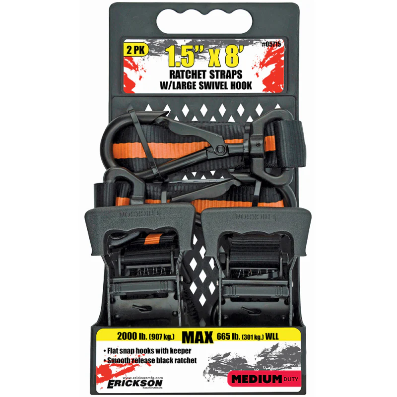 Erickson Manufacturing 2 Pack 1.5 In X 8Ft 2000Lb Big Hook Ratchet Tie Downs Black With Orange Stripe Model 05715 - Image 3