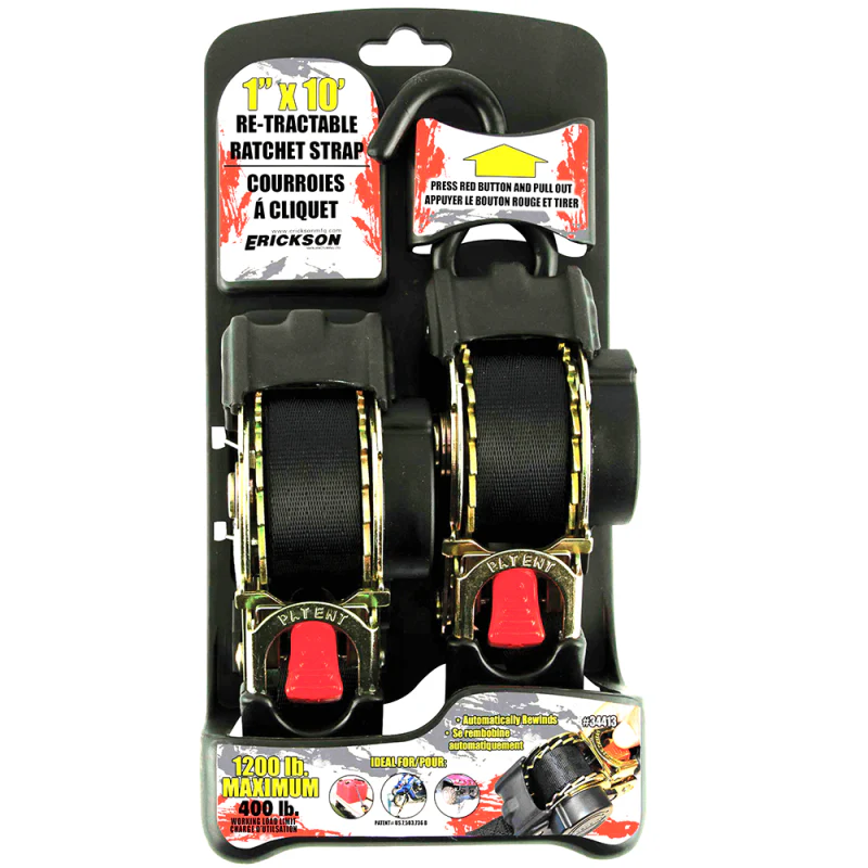 Erickson Manufacturing 2 Pack 1 In X 10Ft 1200Lb Re-Tractable Ratchet Tie Downs Black Model 34415 - Image 2