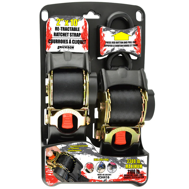 Erickson Manufacturing 2 Pack 2 In X 10Ft 3300Lb Retractable Ratchet Tie Downs Black Model 34416 - Image 2