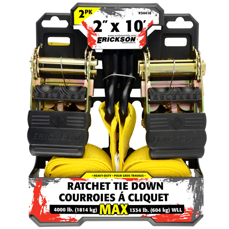 Erickson Manufacturing 2 Pack 2 In x 10Ft 4000 Lb Ratcheting Tie Downs With Double J-Hooks Yellow Model 34410 - Image 2