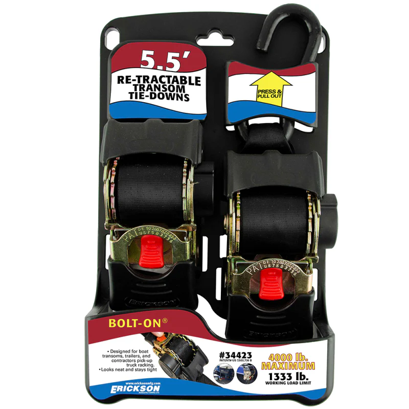 Erickson Manufacturing 2 Pack 2 In X 5.5Ft 4000Lb Bolt On Retractable Transom Ratchet Strap Black Model 34423 - Image 2