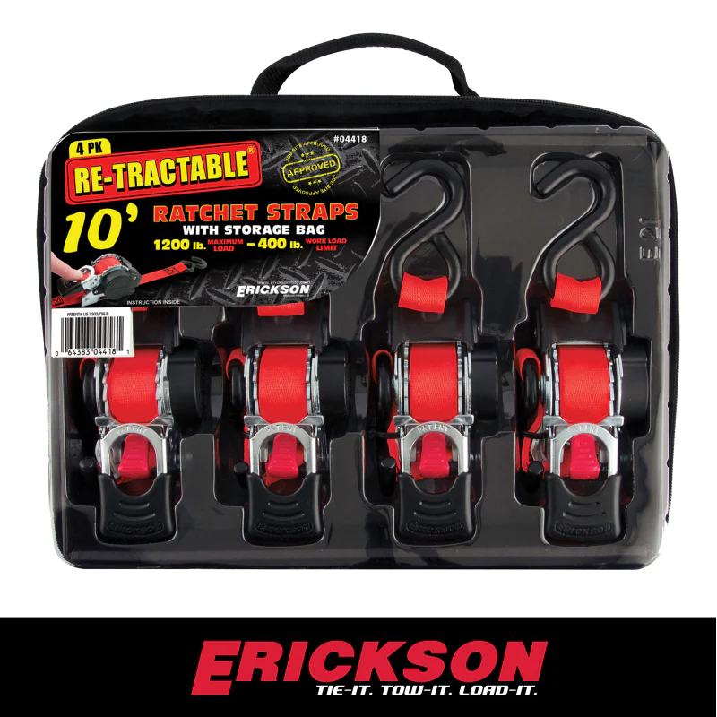Erickson Manufacturing 4 Pack 1 In X 10Ft 1200Lb Retractable Ratchet Strap Black Model 04418 - Image 3