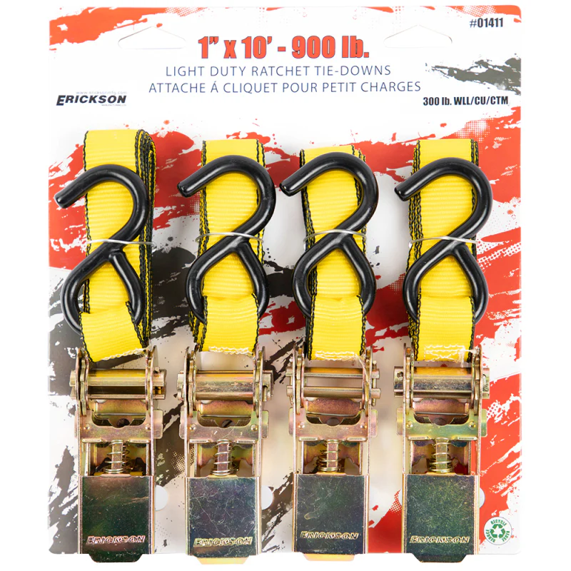 Erickson Manufacturing 4 Pack 1 In X 10Ft 900Lb Ratchet Tie Down Straps Yellow Model 01411 - Image 2