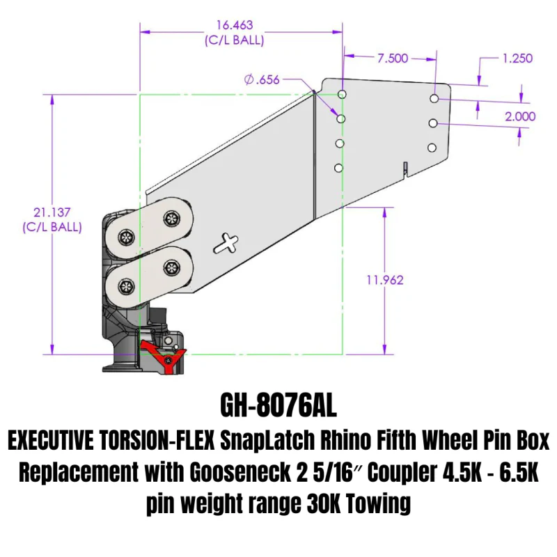 GEN-Y EXECUTIVE TORSION-FLEX SpLatch Rhino Fifth Wheel Pin Box Replacement with Gooseneck 2 5/16" Coupler 3.5K - 6.5K pin weight range 30K Towing Model GH-8076AL - Image 7