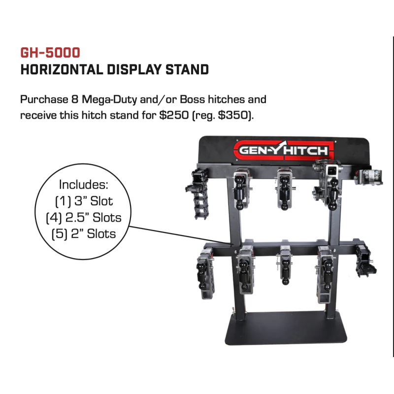 GEN-Y Horizontal Display Stand w/ Monitor Bracket (Five - 2" slots, Four- 2.5" slots ,One - 3" slot, Black/Red Color, 33.000 X 15.000 Footprint) Model GH-5000 - Image 2
