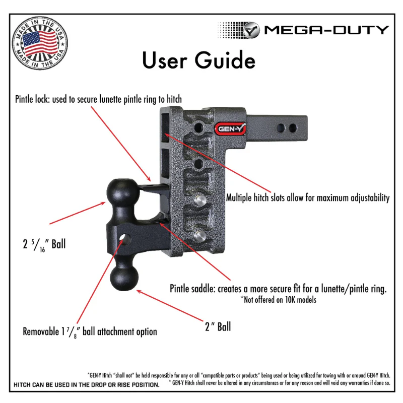 GEN-Y MEGA-DUTY 2.5" Offset Shank 3" Rise, 12" Drop 3K TW 21K Hitch & GH-061 Dual-Ball Model GH-916 - Image 5