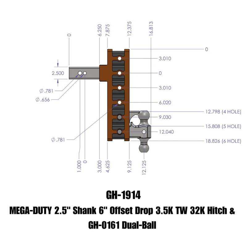 GEN-Y MEGA-DUTY 2.5" Offset Shank 3" rise, 6" Drop 3.5K TW 32K Hitch & GH-0161 Dual-Ball Model GH-1914 - Image 5