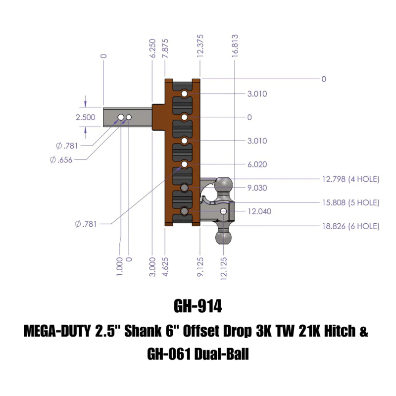 GEN-Y MEGA-DUTY 2.5" Offset Shank 3" Rise, 6" Drop 3K TW 21K Hitch & GH-061 Dual-Ball Model GH-914 - Image 4