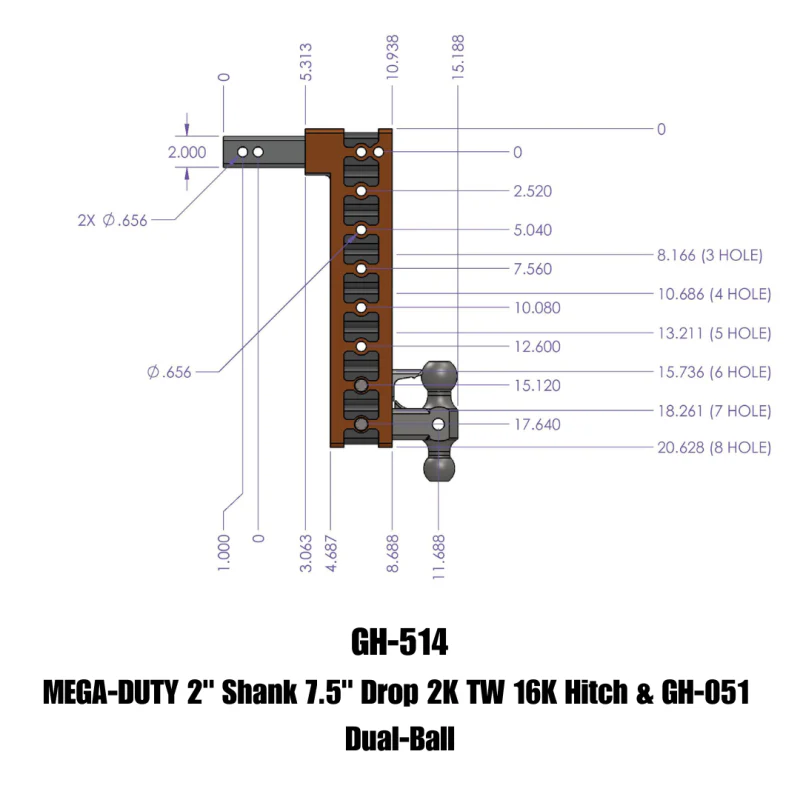 GEN-Y MEGA-DUTY 2" Shank 7.5" Drop 2K TW 16K Hitch & GH-051 Dual-Ball Model GH-514 - Image 5