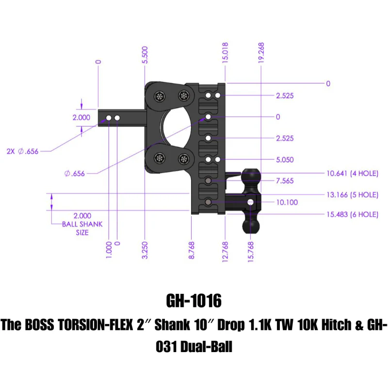 GEN-Y The BOSS TORSION-FLEX 2" Shank 10" Drop 1.1K TW 10K Hitch & GH-031 Dual-Ball Model GH-1016 - Image 3