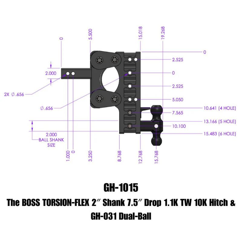 GEN-Y The BOSS TORSION-FLEX 2" Shank 7.5" Drop 1.1K TW 10K Hitch & GH-031 Dual-Ball Model GH-1015 - Image 3